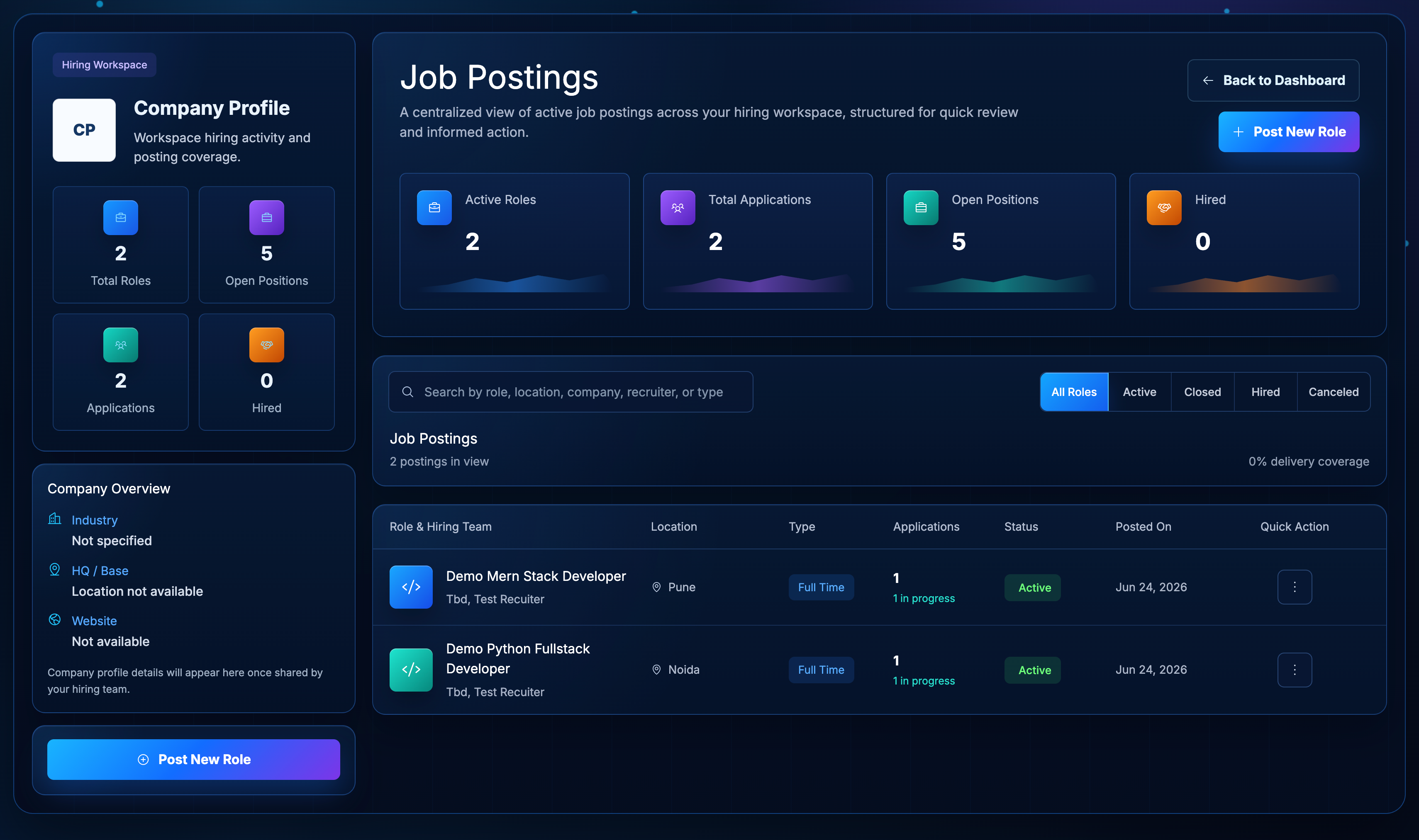 Jobs workflow screenshot showing a recruiter creating and managing a role